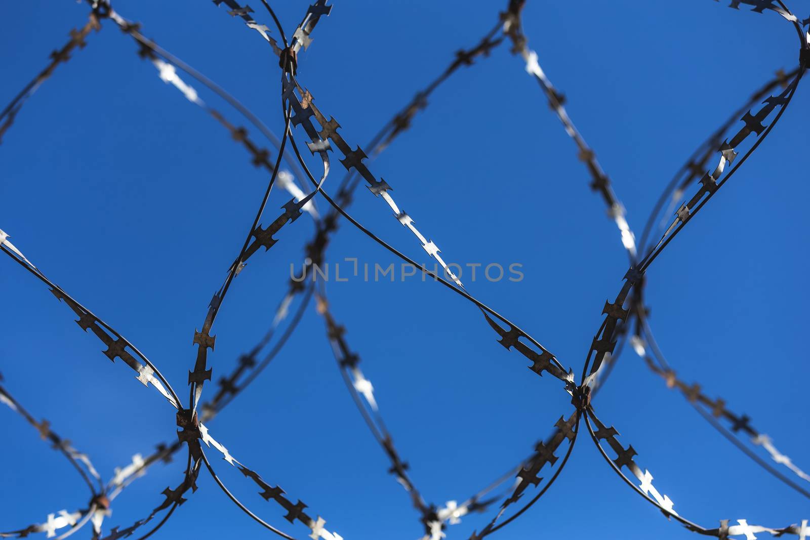 Barbed wire on blue sky background