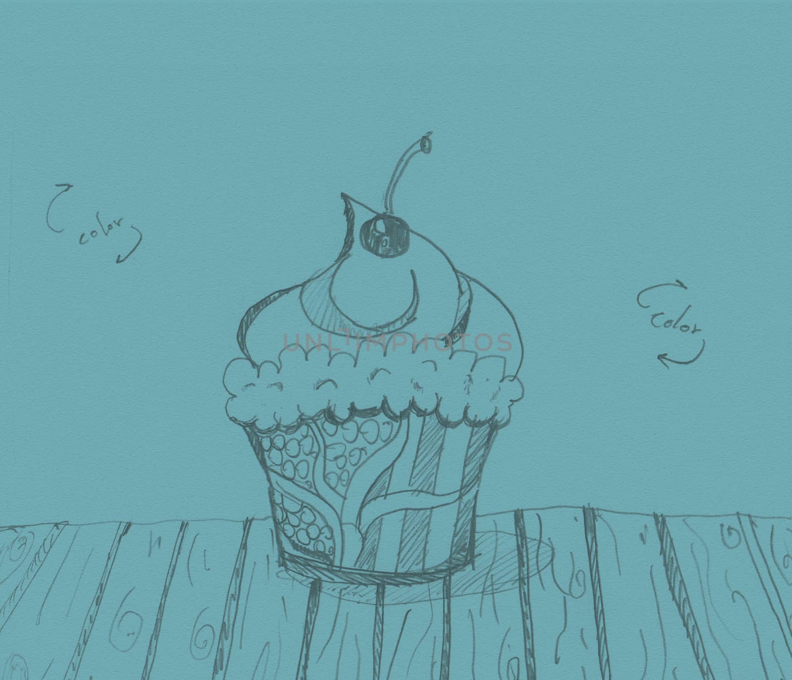 Sketch cupcake on sheet of old blue paper