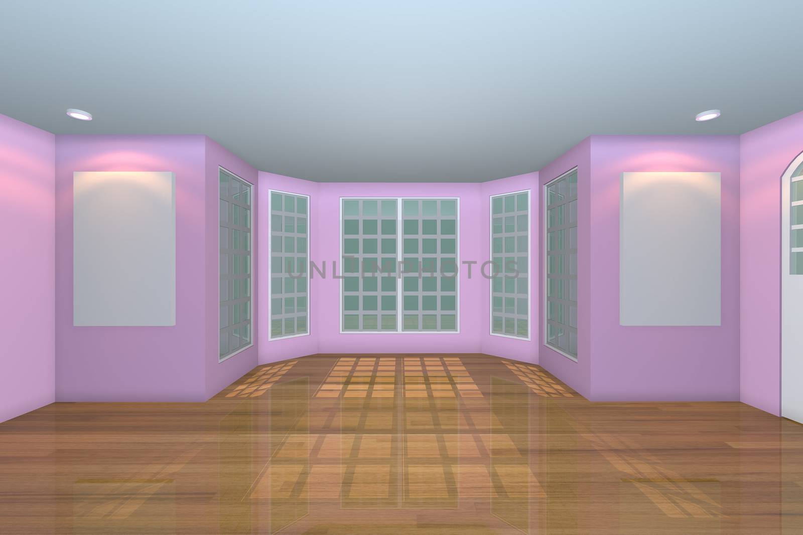Home interior rendering with empty room color pink wall and decorated with wooden floors.