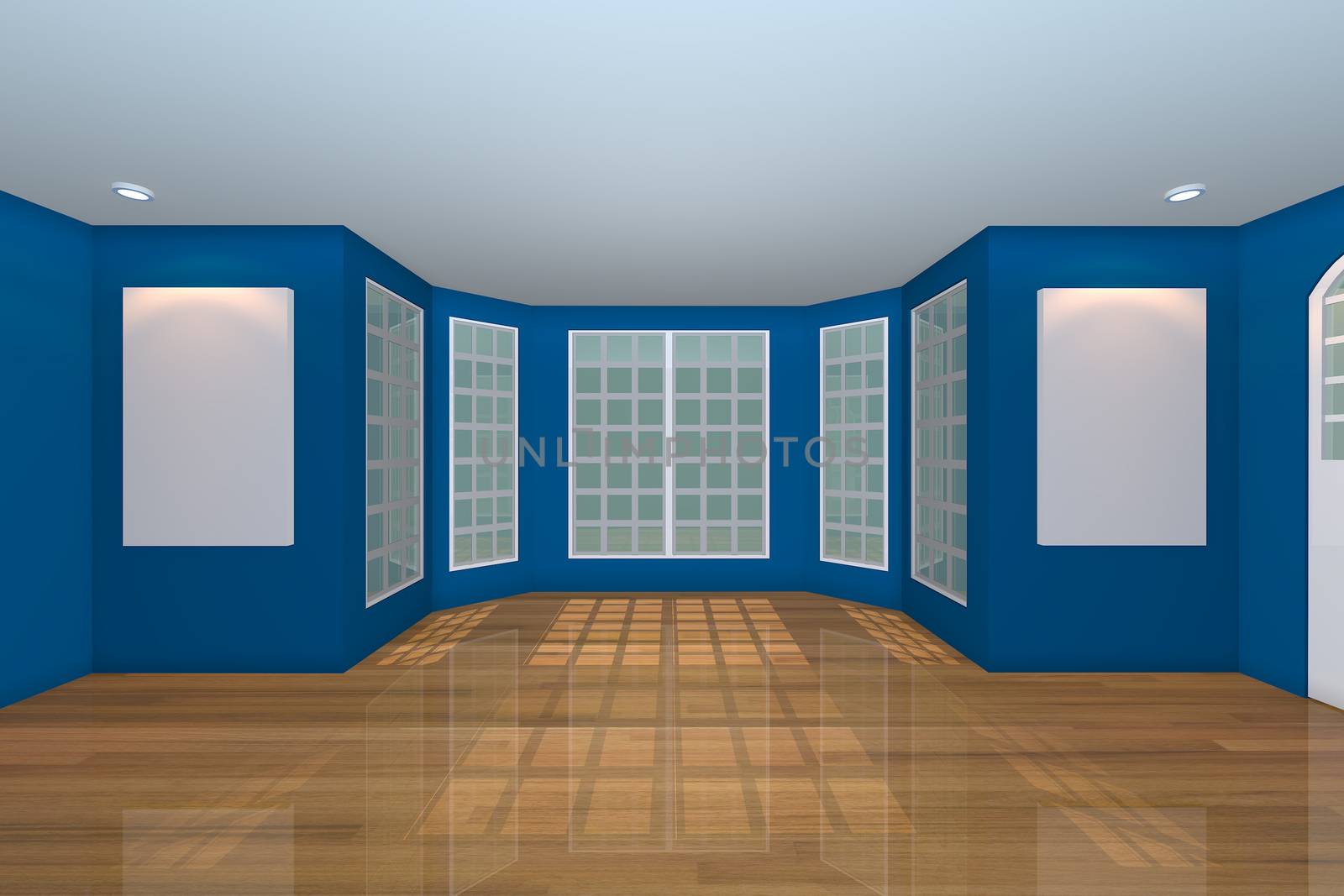 Home interior rendering with empty room color blue wall and decorated with wooden floors. 