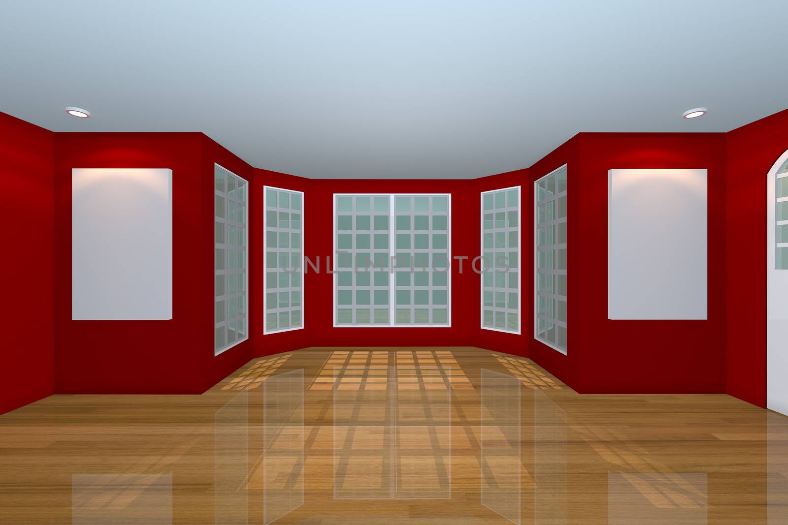 Home interior rendering with empty room color red wall and decorated with wooden floors. 