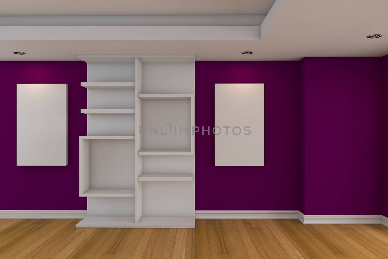 Modern minimalist empty livingroom with purple wall wood floor