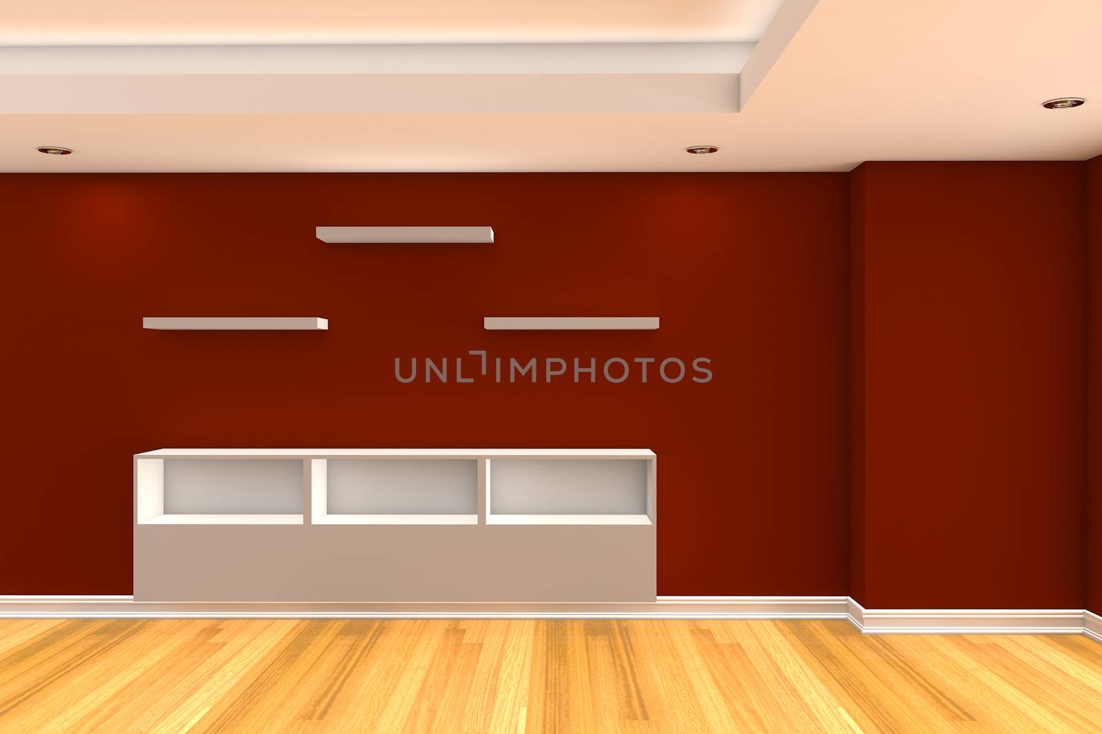 Modern minimalist empty livingroom with red wall wood floor