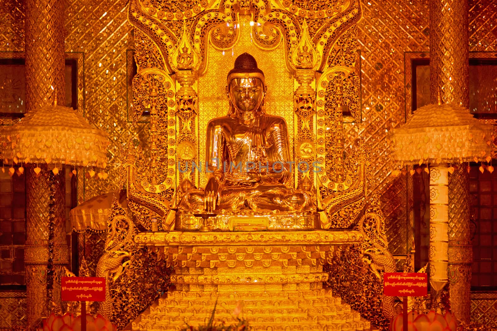 Golden Buddha Statue in Botataung paya Pagoda in Rangoon, Myanma by think4photop