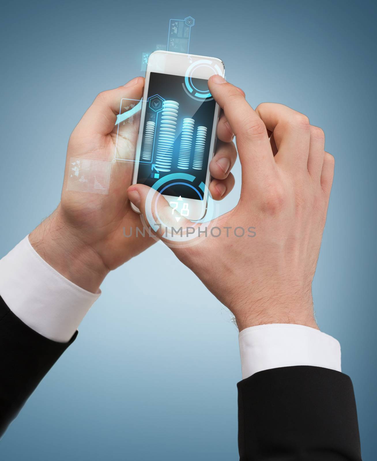 business, internet and technology concept - businessman touching screen of smartphone