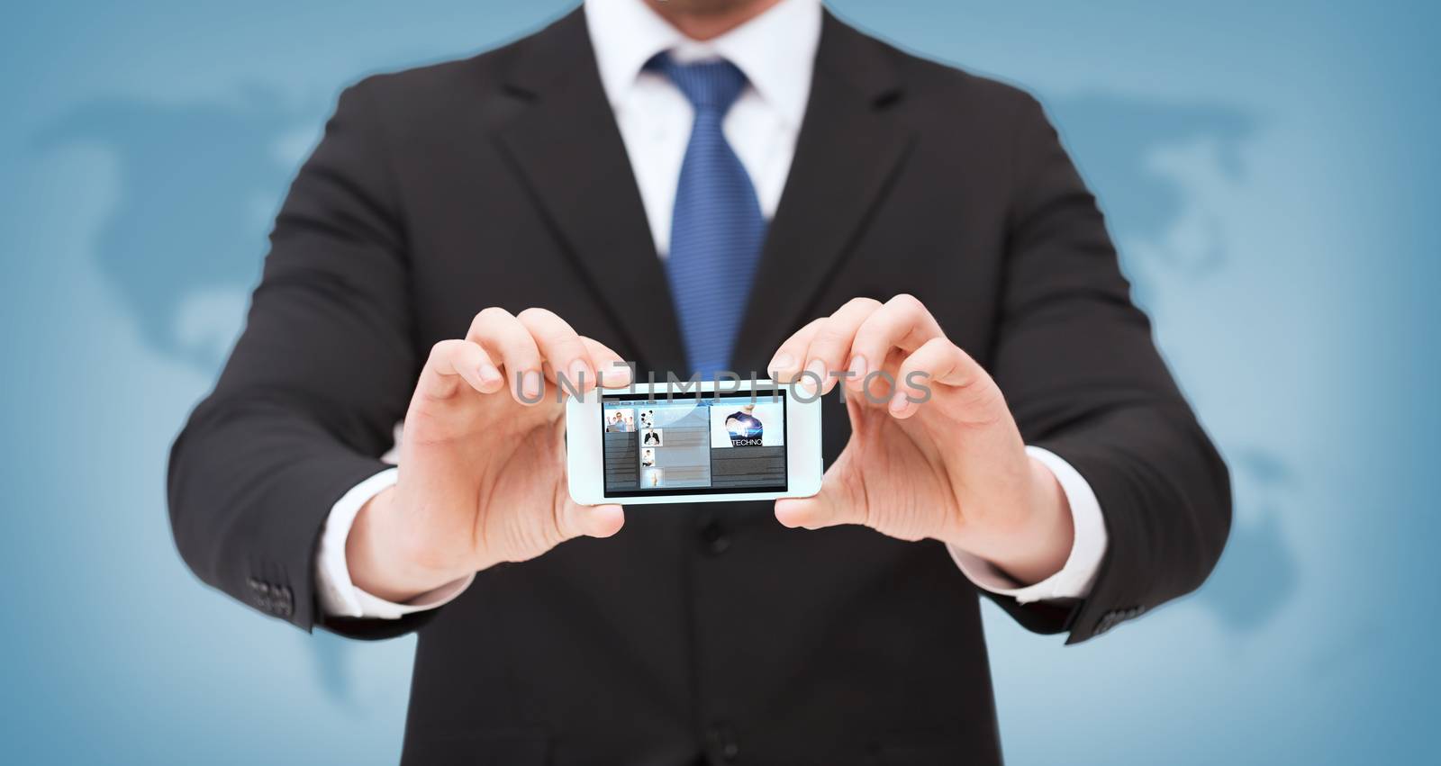 business, internet and technology concept - businessman showing smartphone with news on screen