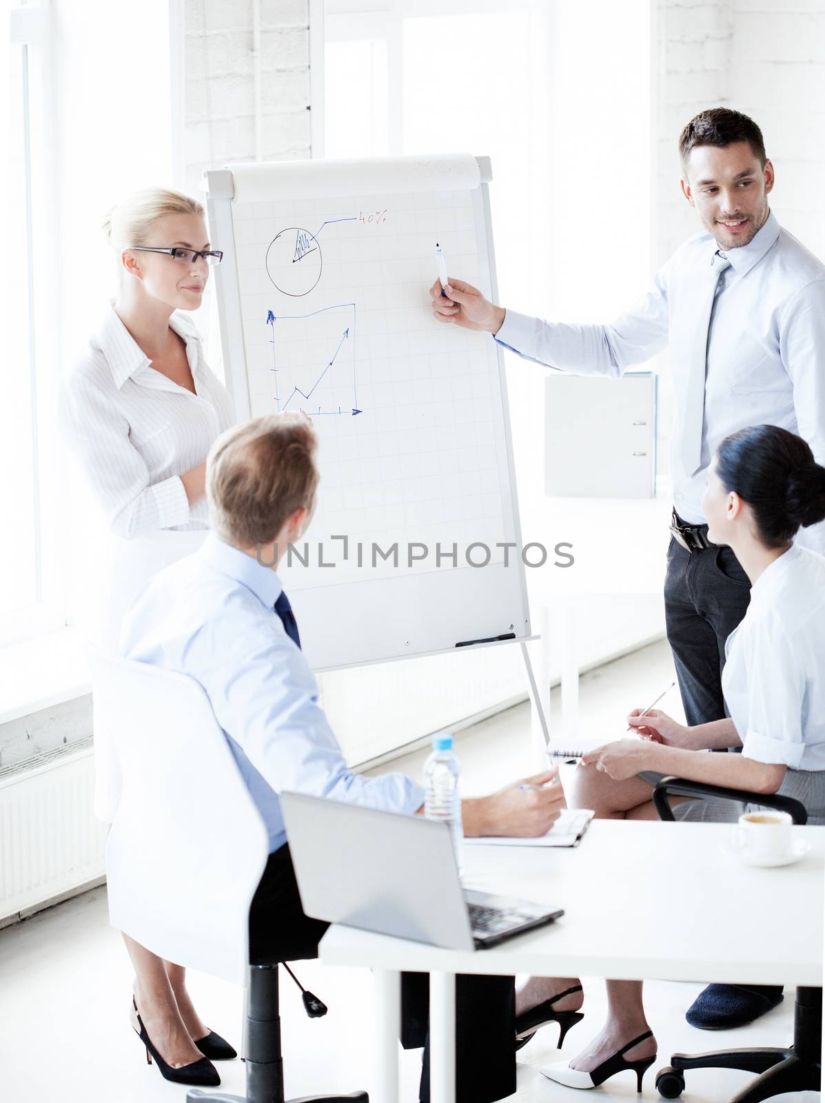 business concept - young businessman pointing at graph on flip board in office