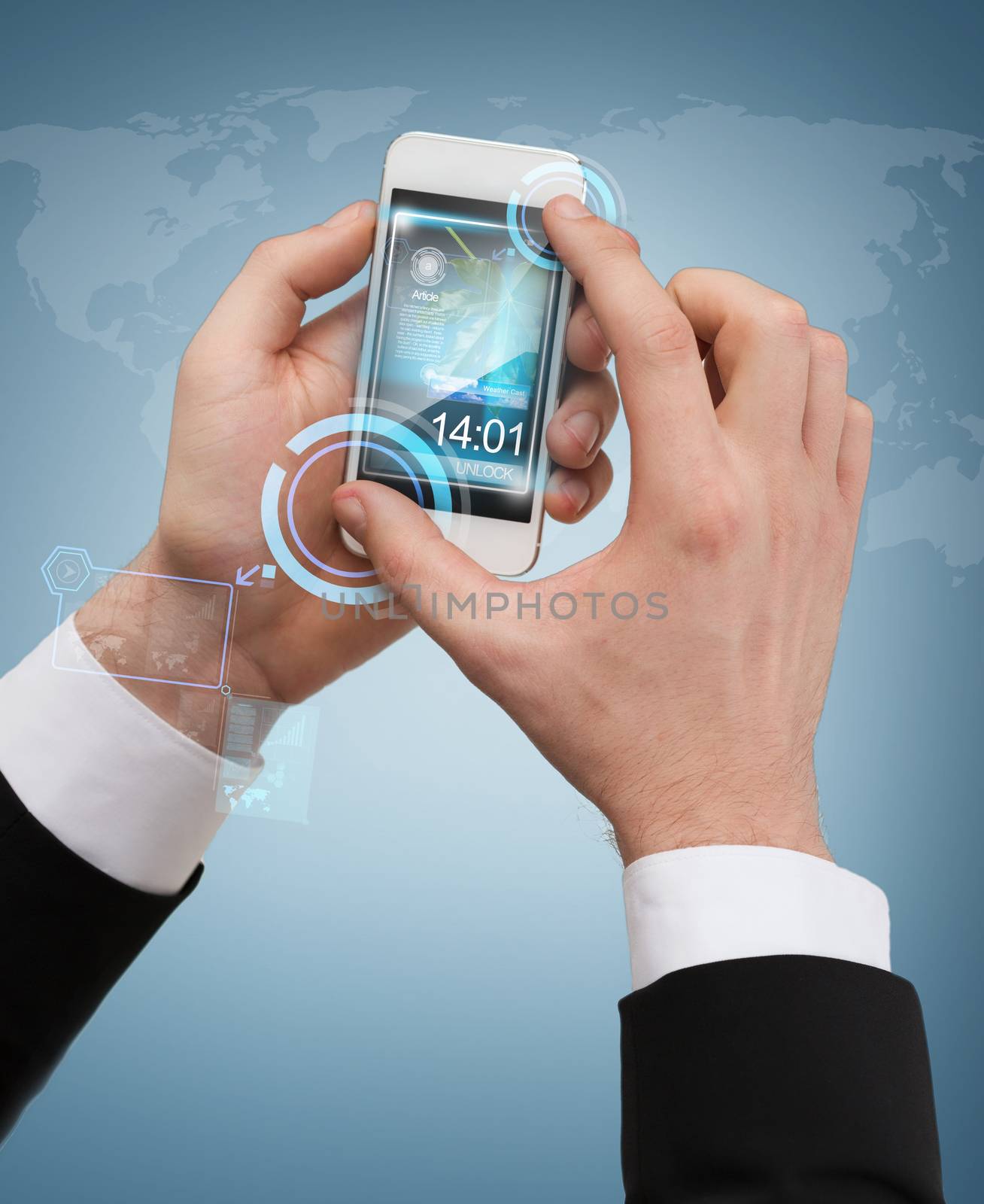 businessman touching screen of smartphone by dolgachov