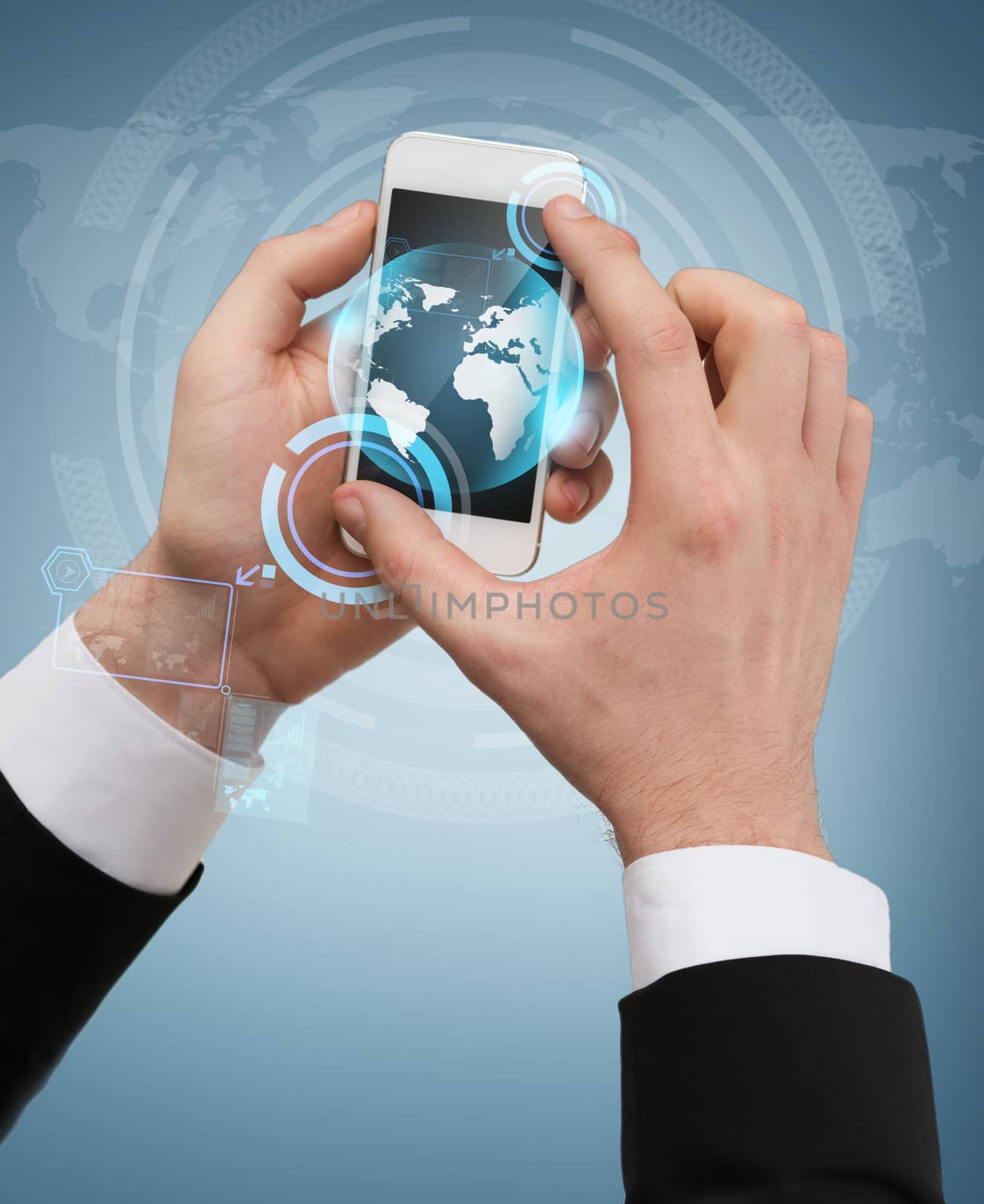 business, internet and technology concept - businessman touching screen of smartphone with globe hologram on it