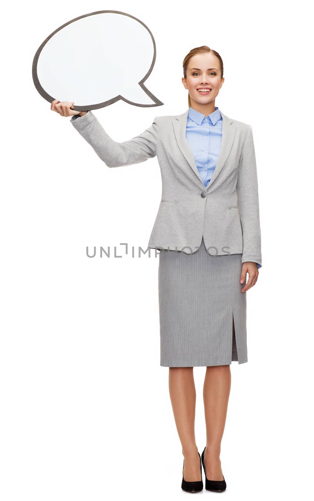 business, conversation and education concept - smiling businesswoman with empty text bubble