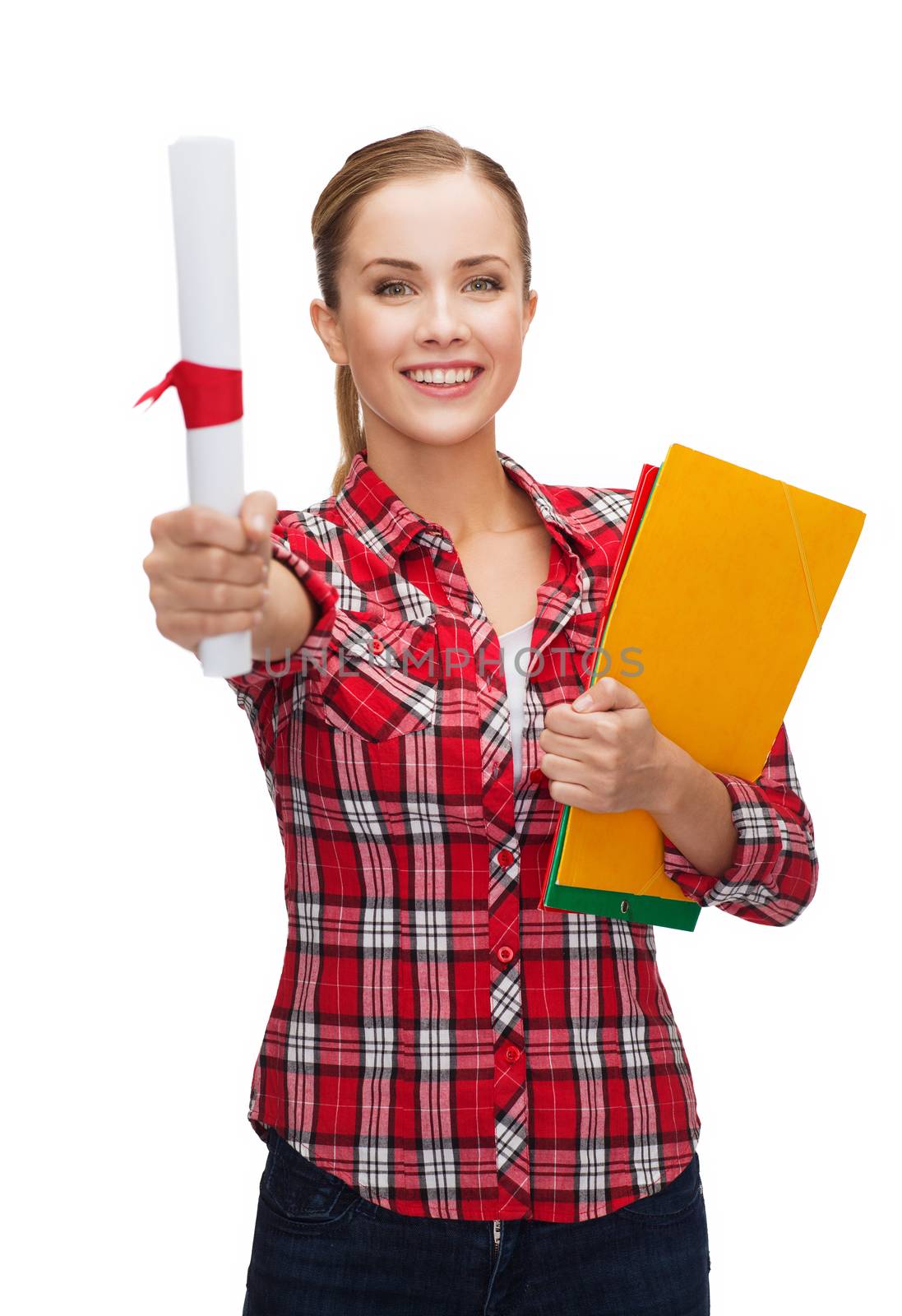 smiling woman with diploma and folders by dolgachov