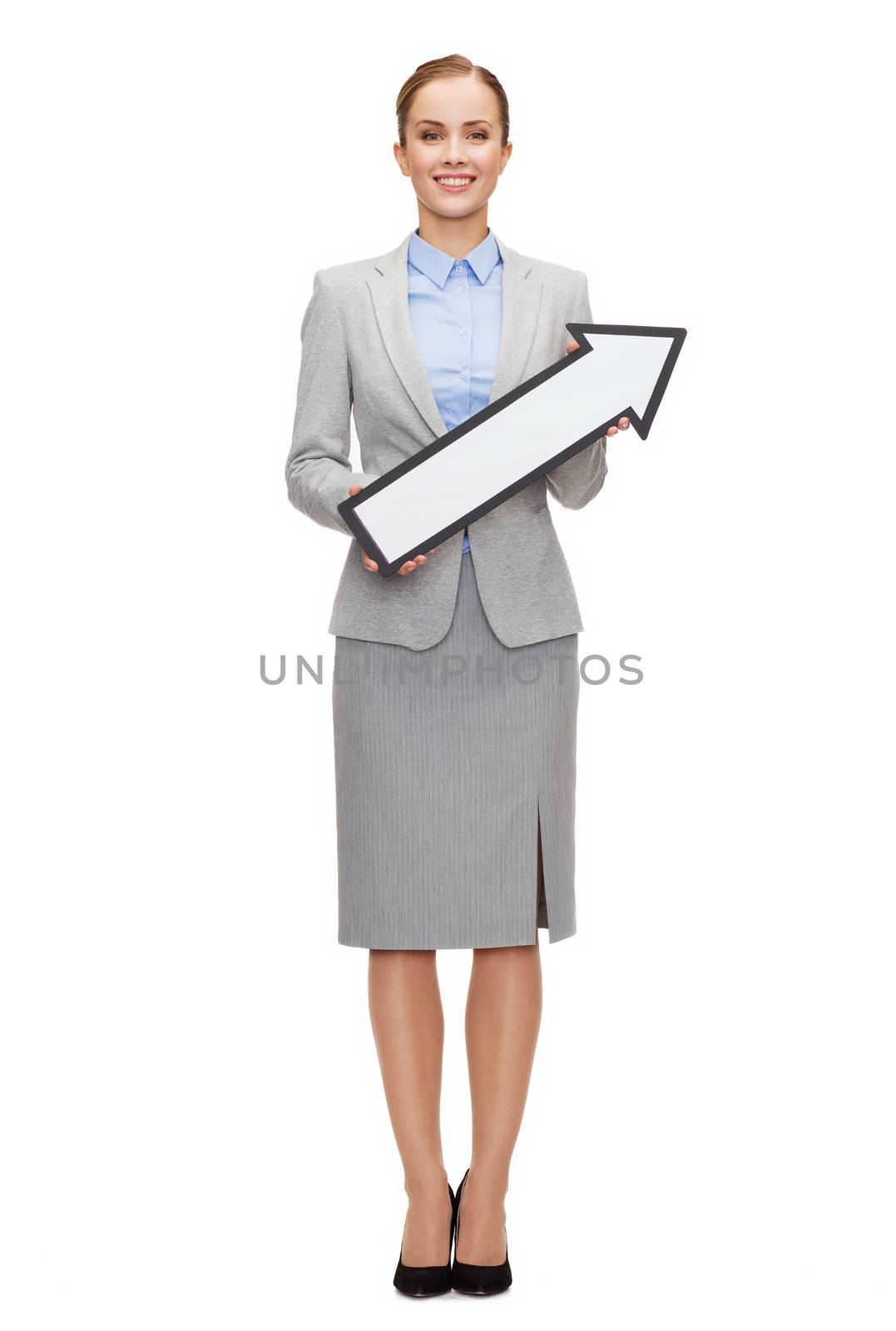 business and education concept - smiling businesswoman with direction arrow sign