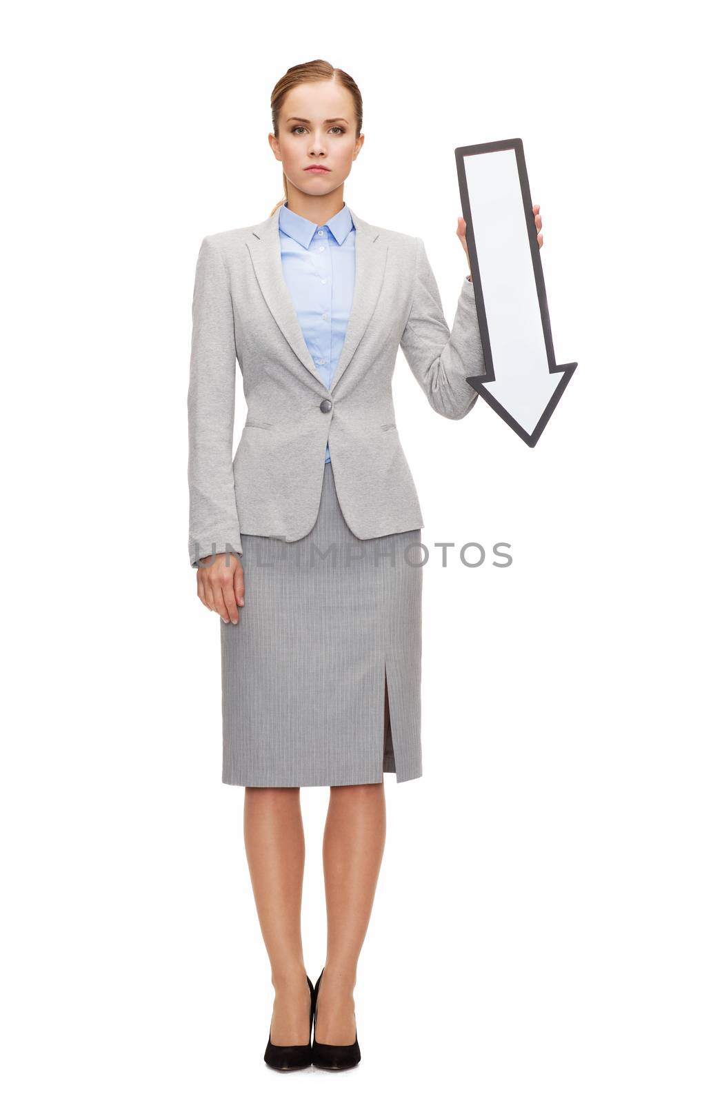 business and education concept - serious businesswoman with direction arrow sign