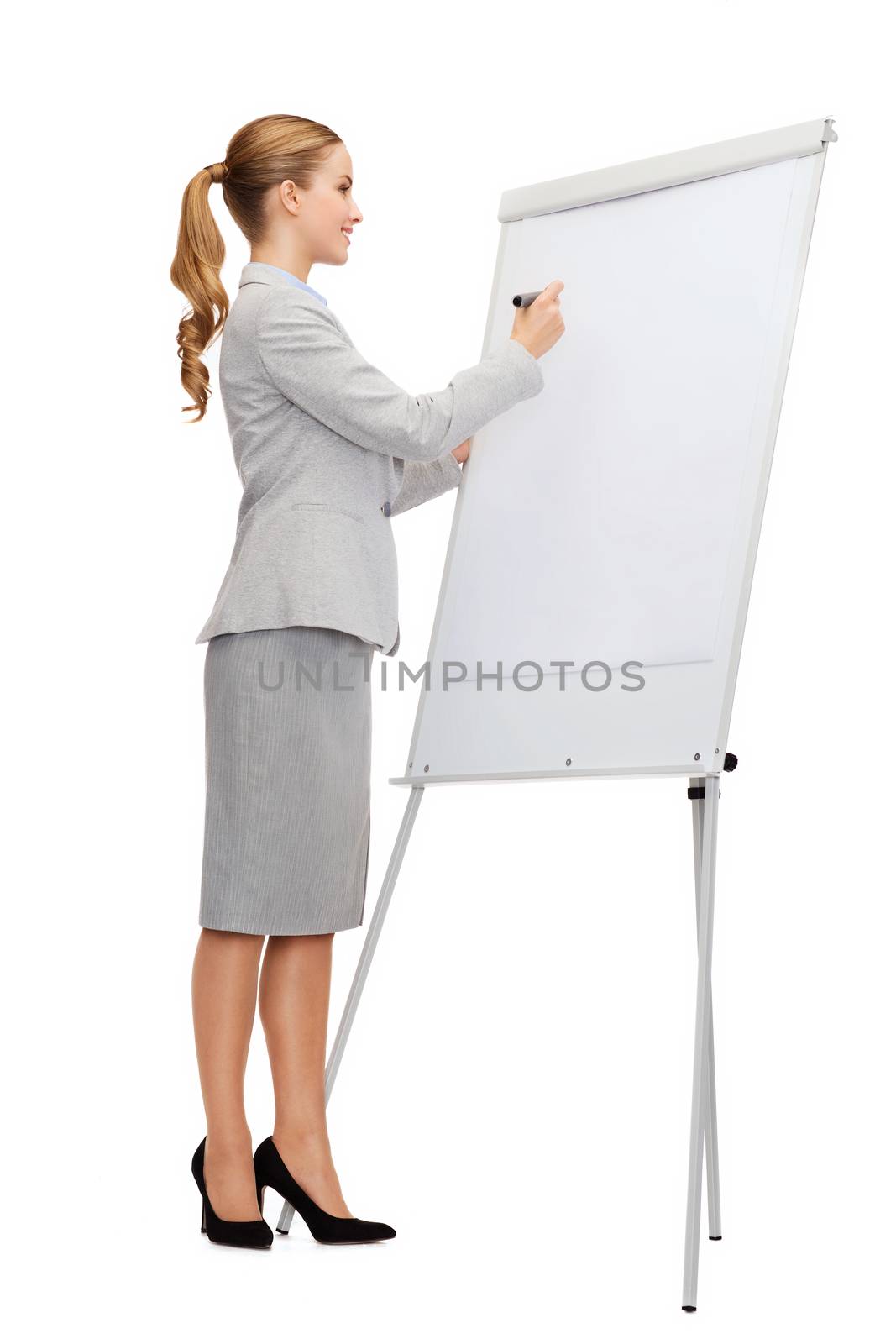 business, education and office concept - smiling businesswoman writing on flip board
