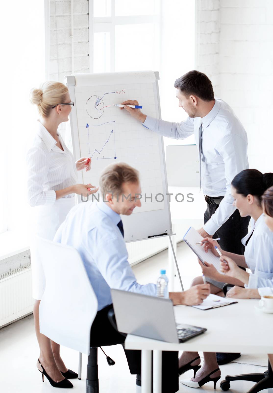 young businessman pointing at graph on flip board in office