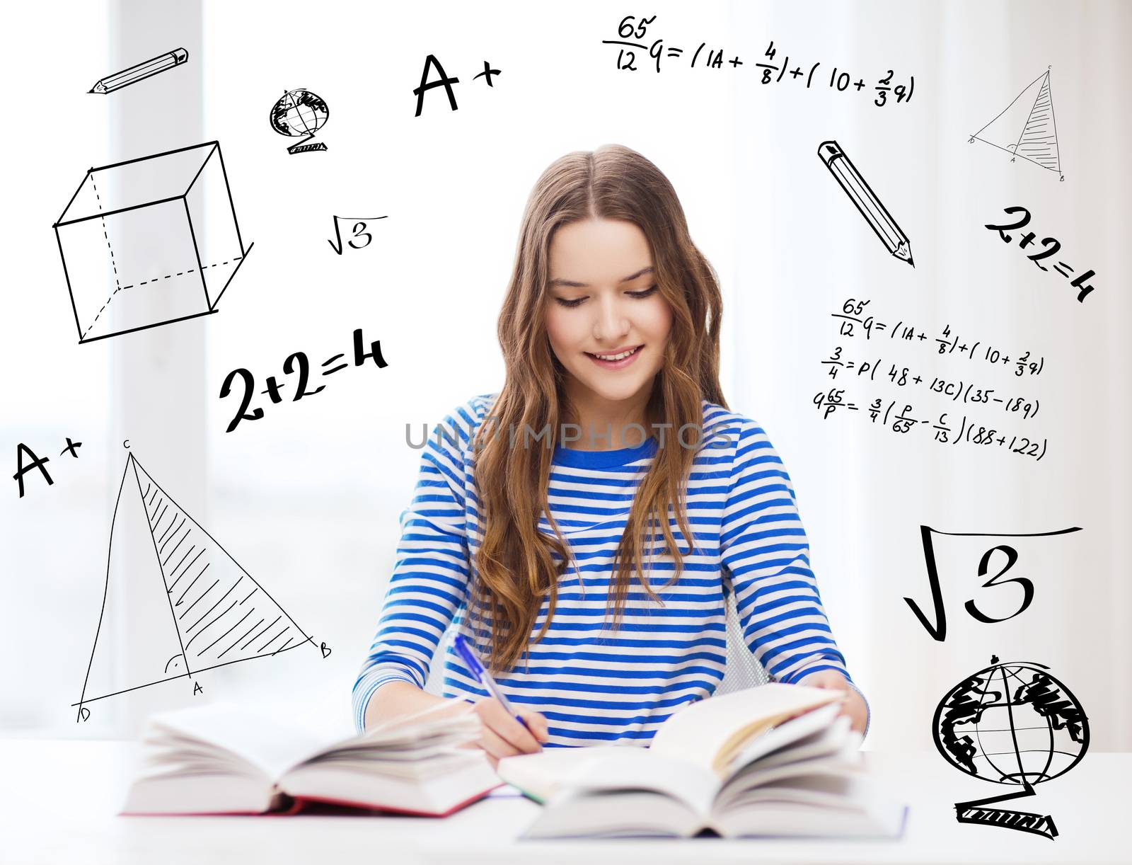 education and home concept - happy smiling student girl with books