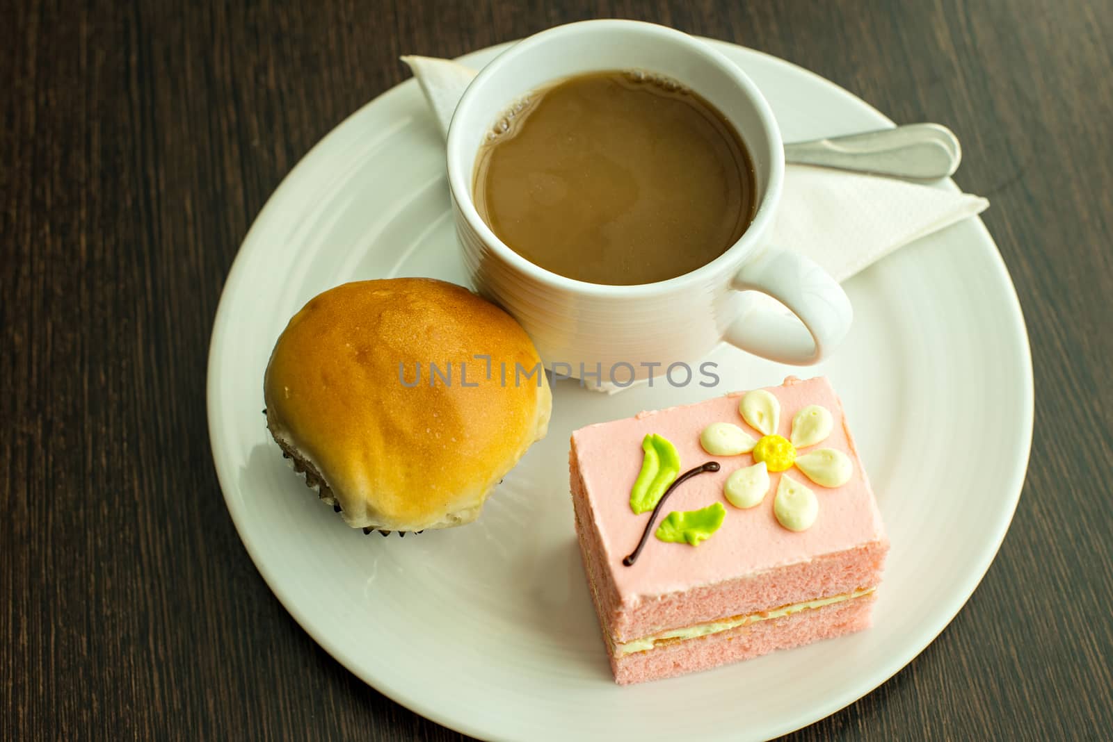 Hot coffee in white cup with sandwich ham&cheese and sweetmeat by Yuri2012