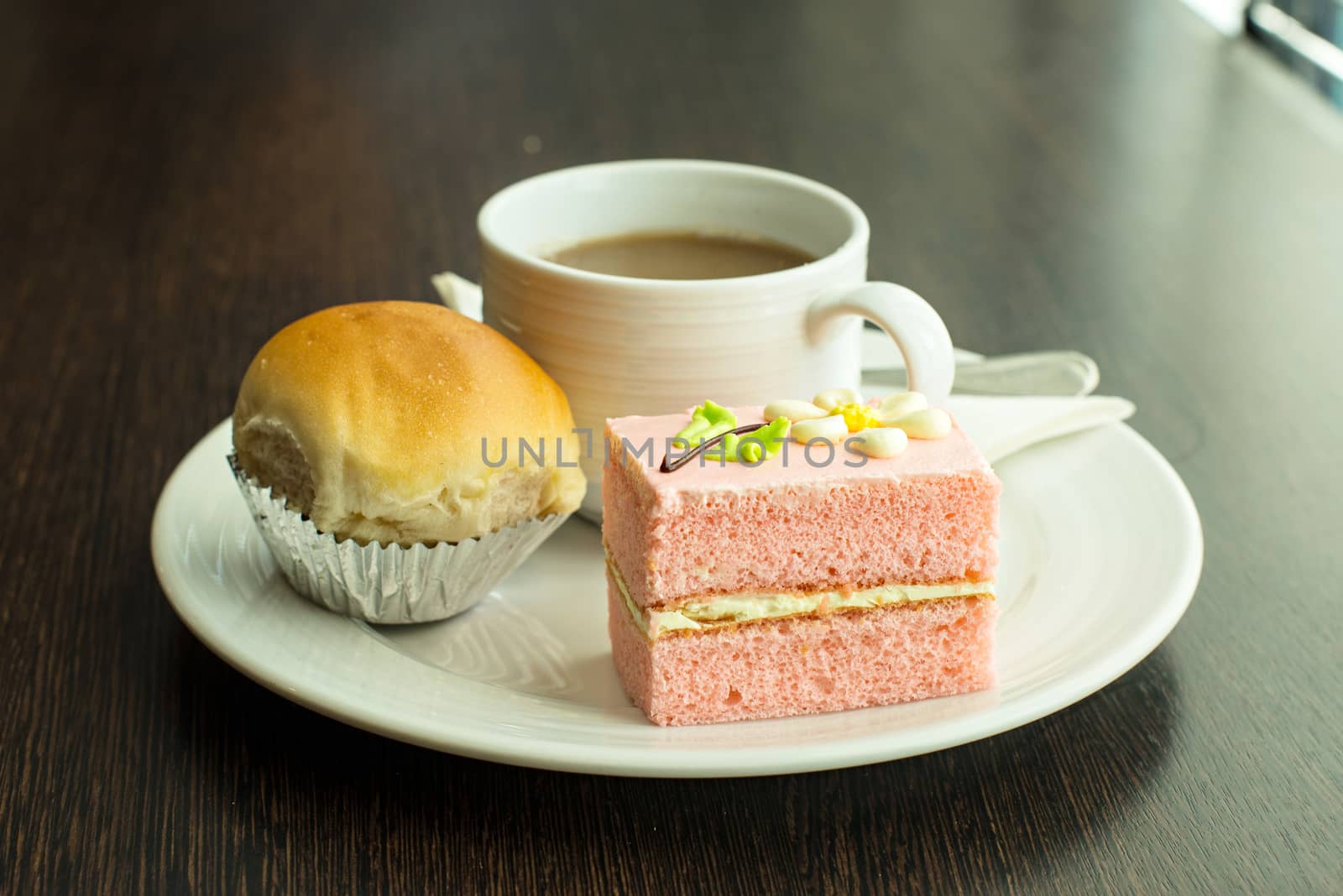 Hot coffee in white cup with sandwich ham&cheese and sweetmeat by Yuri2012