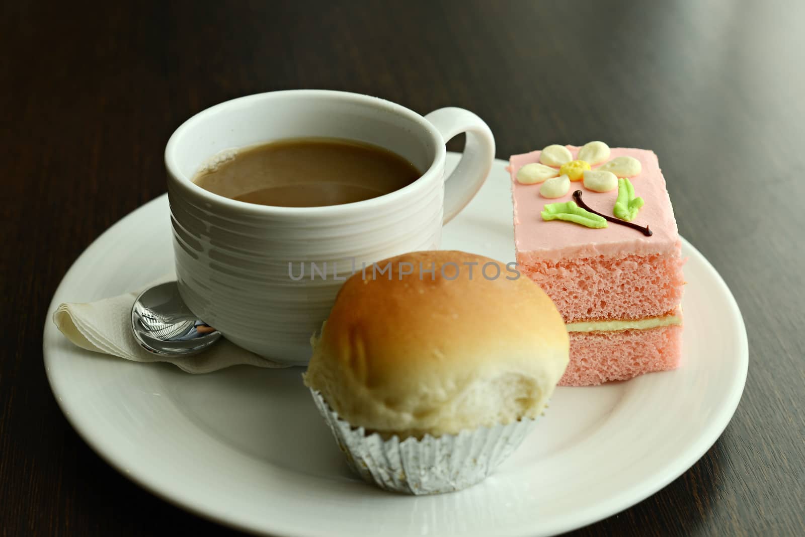 Hot coffee in white cup with sandwich ham&cheese and sweetmeat by Yuri2012