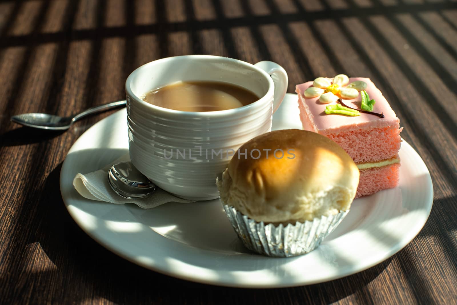 Hot coffee in white cup with sandwich ham&cheese and sweetmeat by Yuri2012