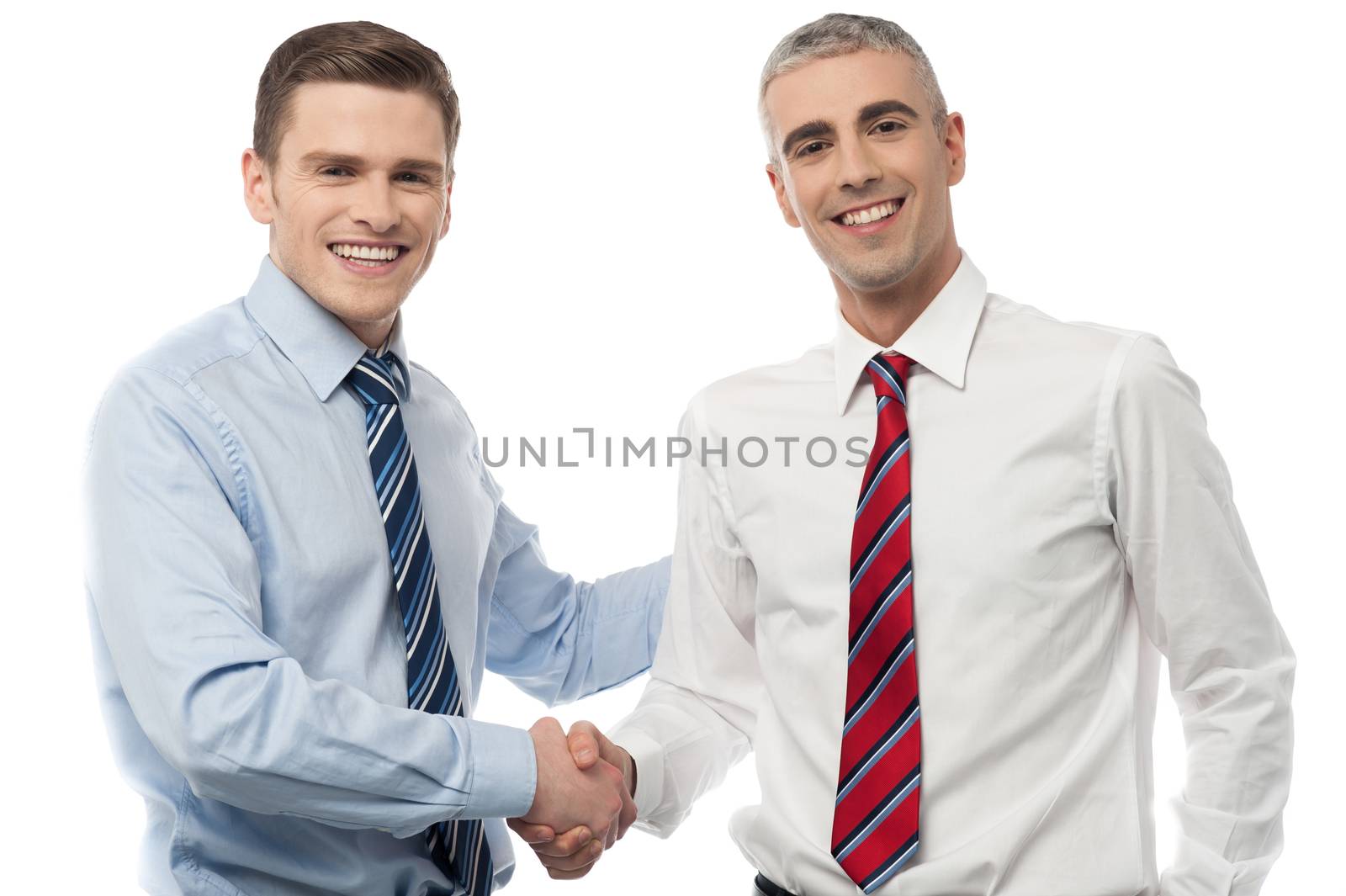 Smiling business people shaking hands over a deal
