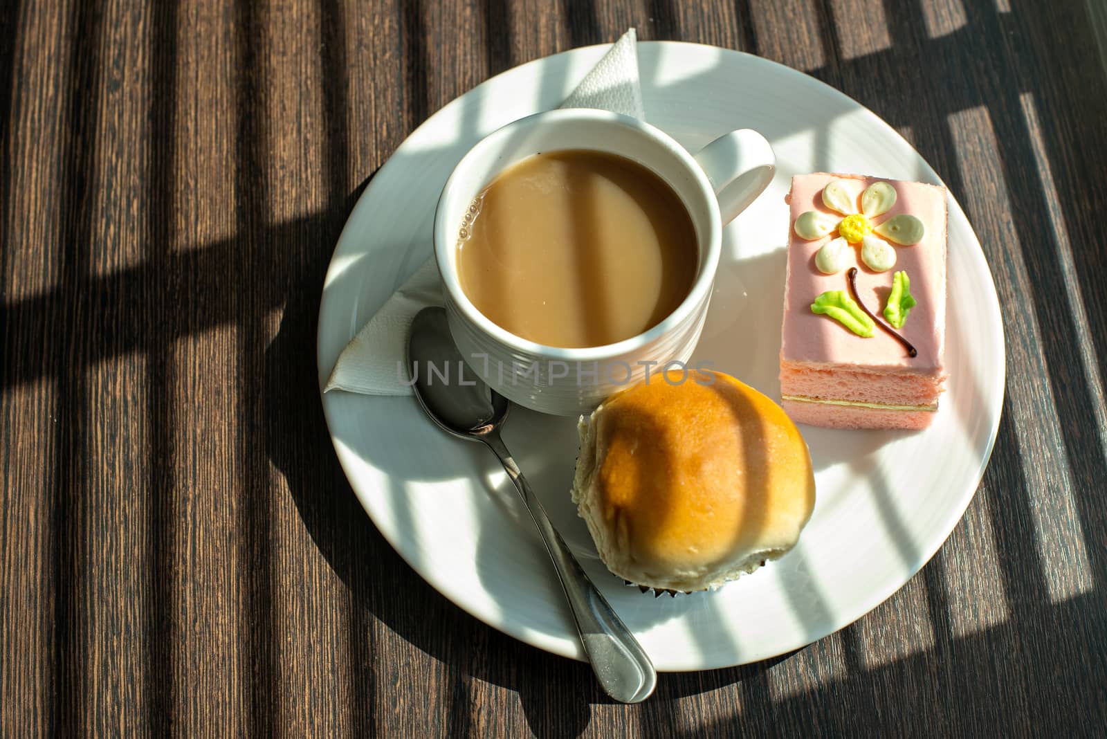 Hot coffee in white cup with sandwich ham&cheese and sweetmeat by Yuri2012