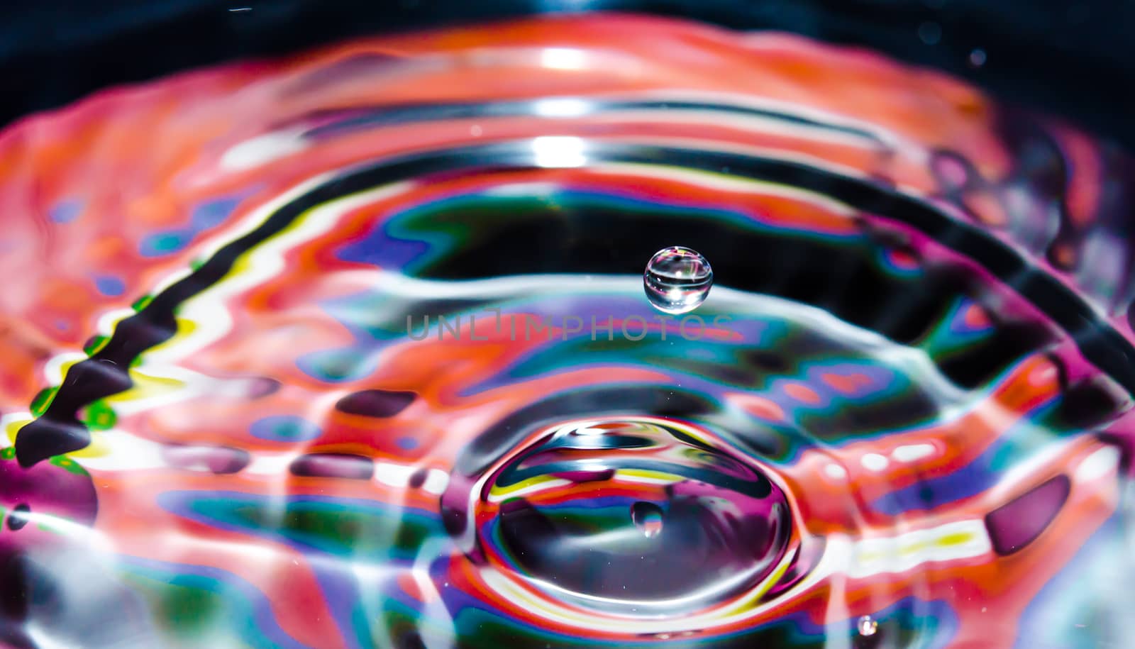 Water drop creating waves on a beautiful color background.