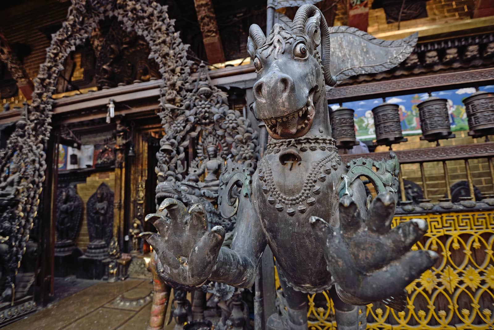 Fearful monster statue in Rudravanar Mahavihar, Kathmandu, Nepa by think4photop