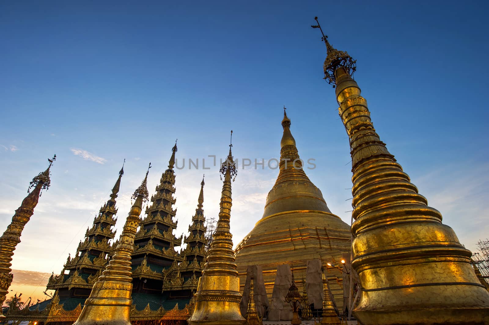 atmosphere of dawn at Shwedagon pagoda in Yagon, Myanmar by think4photop