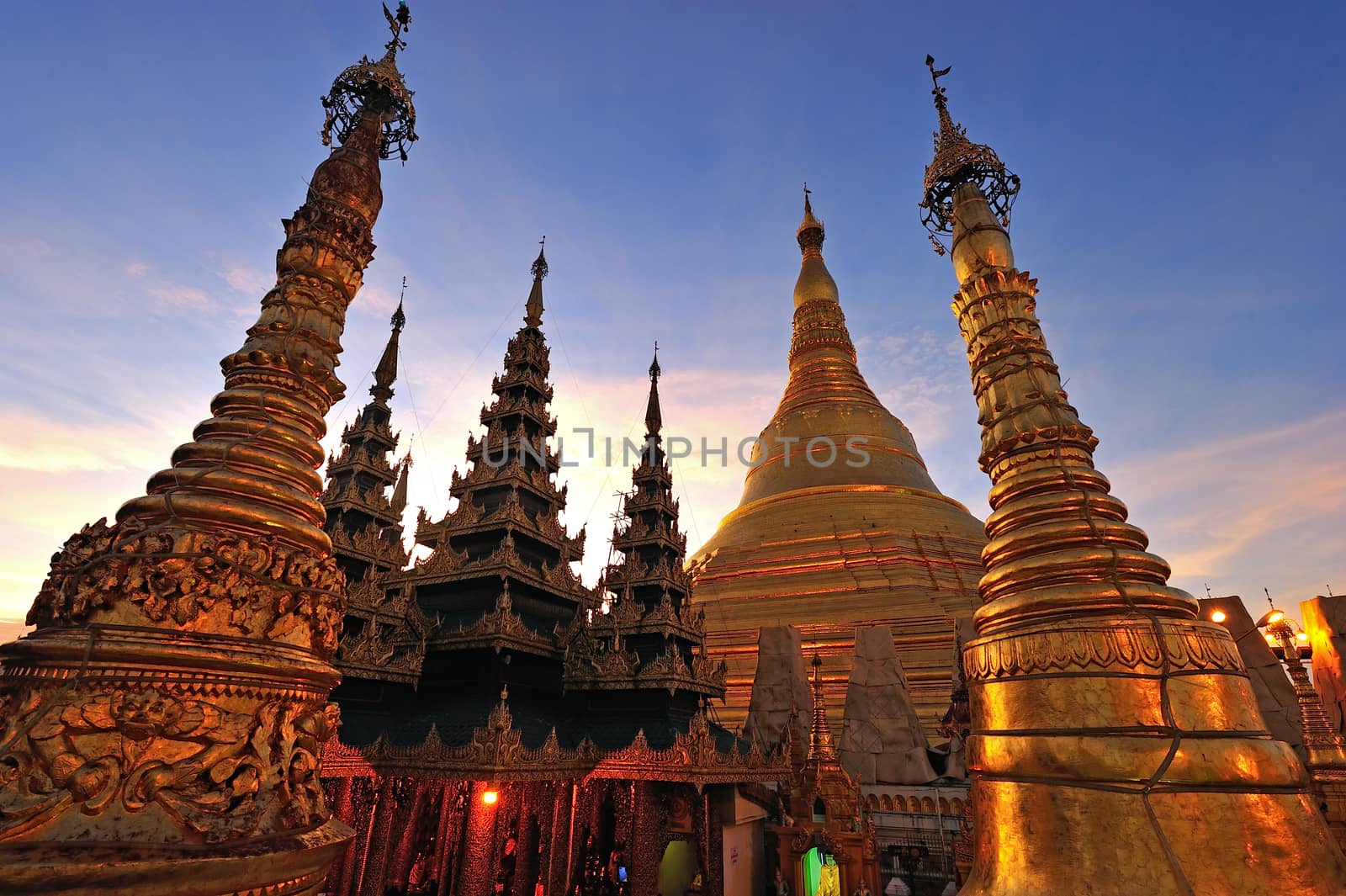 Shwedagon golden pagoda at twilight, Yangon,Myanmar by think4photop