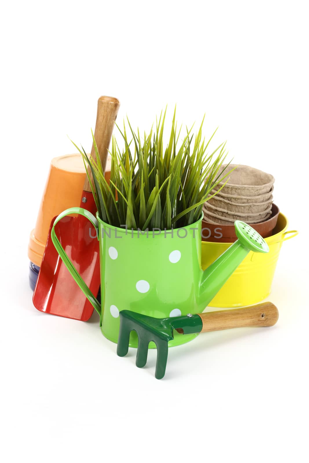 gardening tools and grass on white background 
