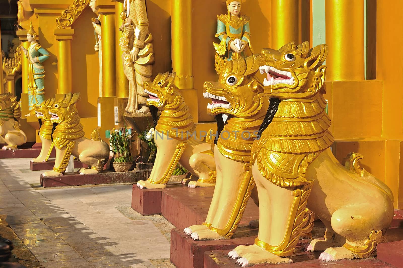 Lion Sculpture in schwedagon pagoda, Yangon , Myanmar. by think4photop