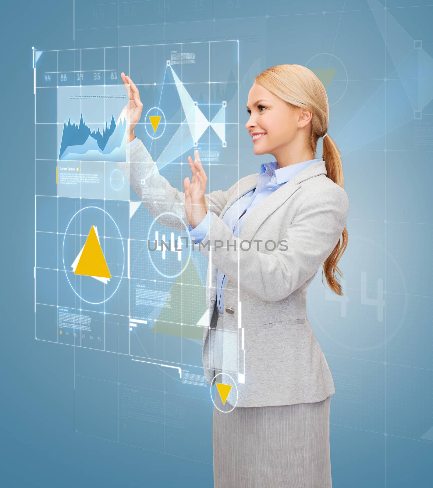 smiling businesswoman working with virtual screen by dolgachov