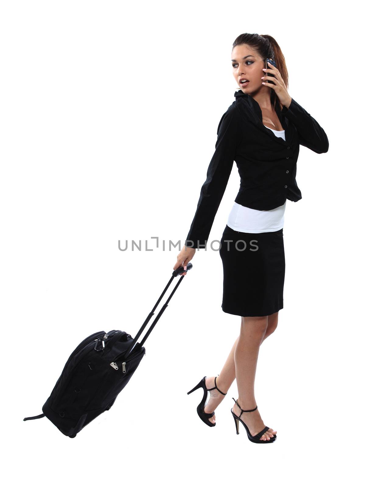 travelling business girl with luggage and smartphone