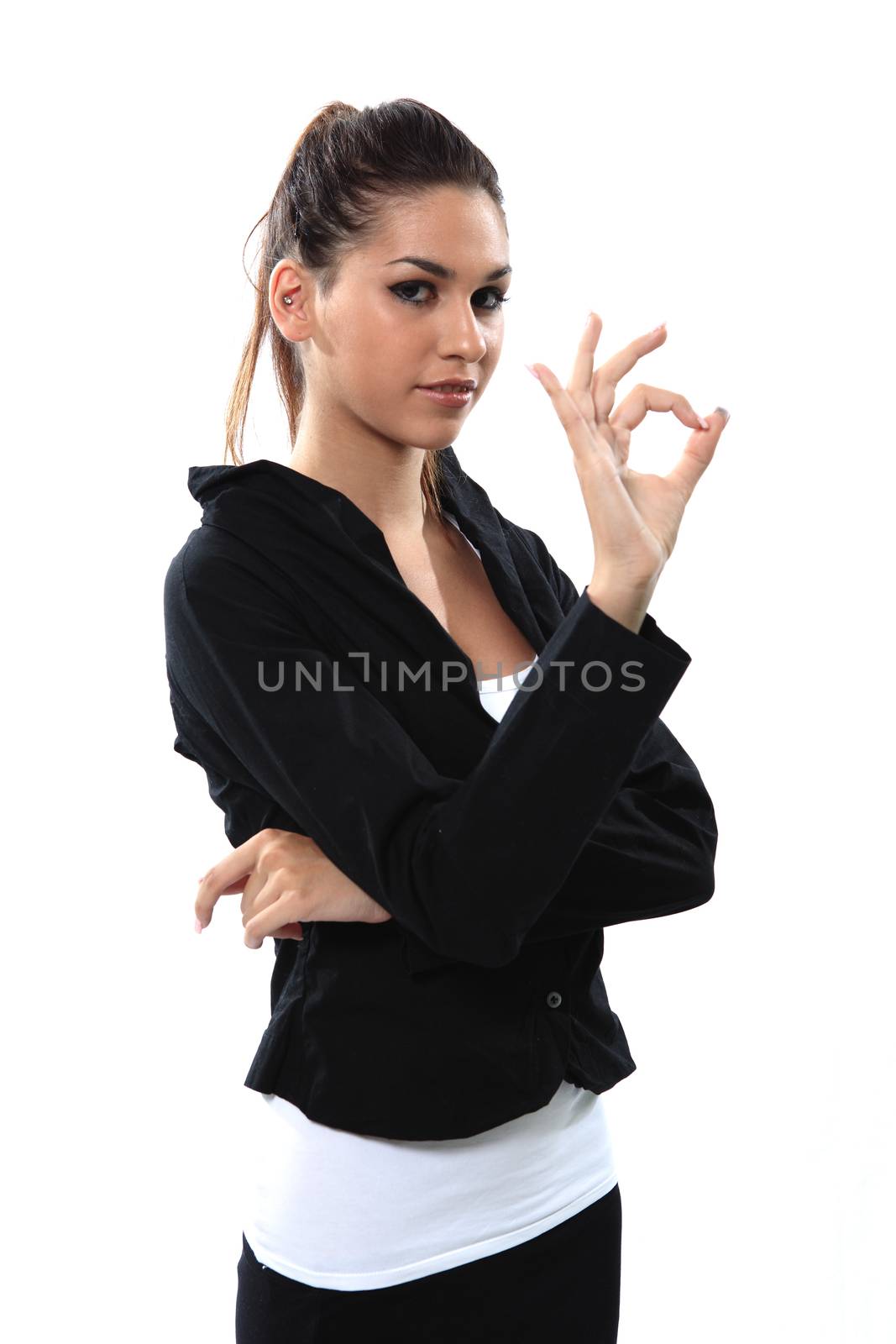 "Happy smiling business woman with ok gesture