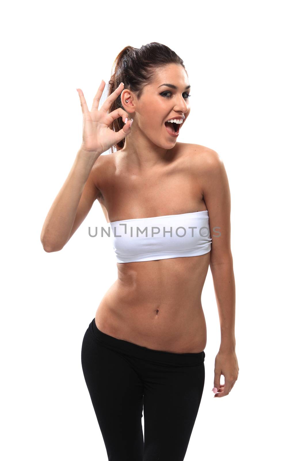 "Happy smiling business woman with ok gesture