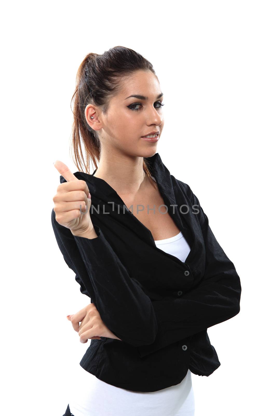 Happy business girl giving a thumbs up gesture