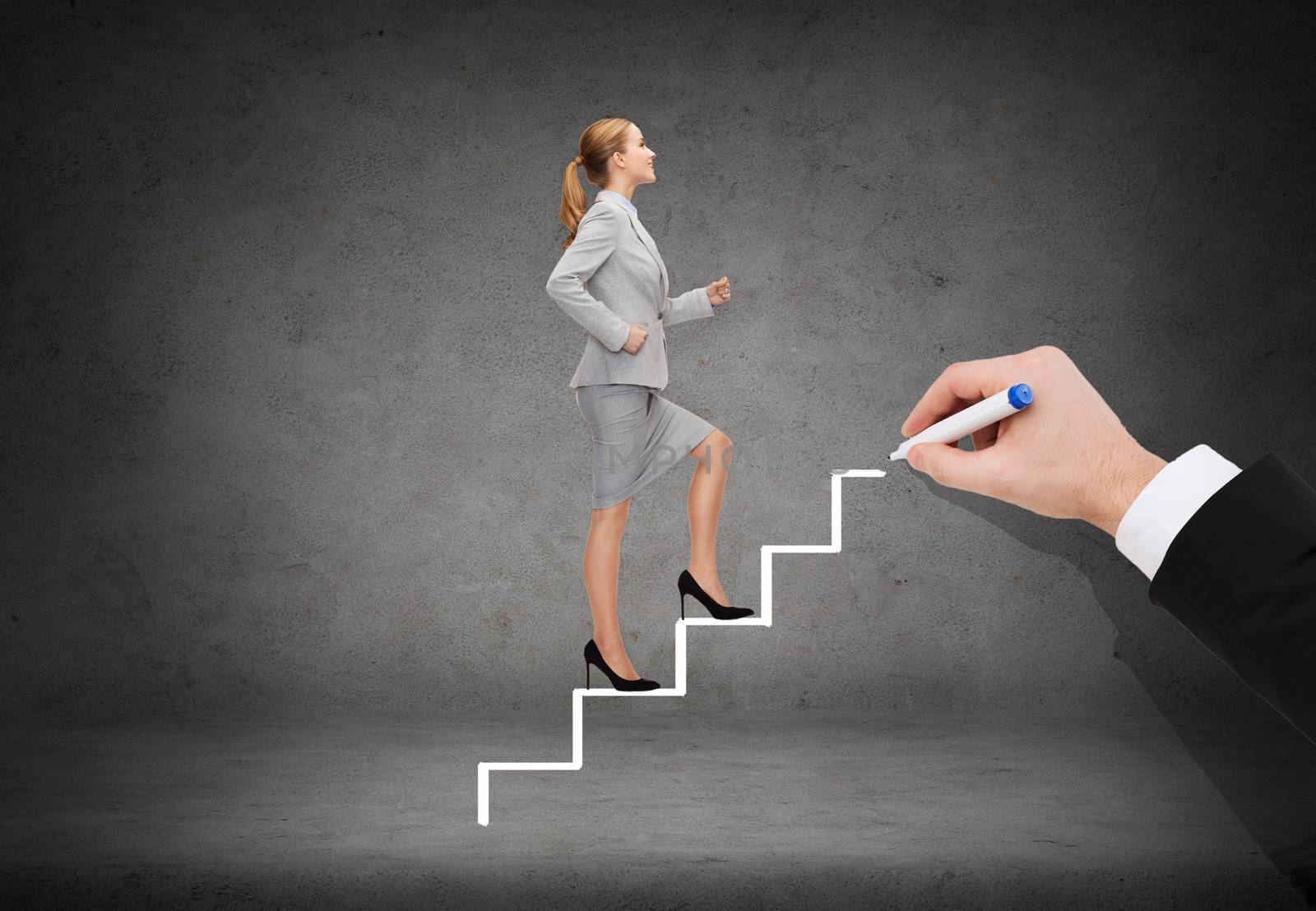 smiling businesswoman stepping up staircase by dolgachov