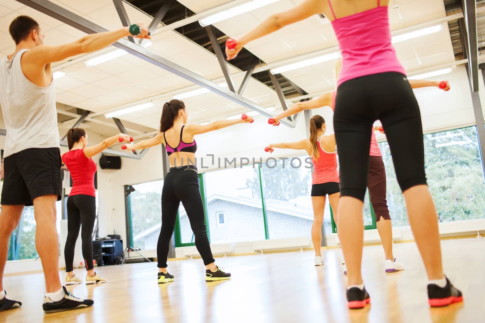 fitness, sport, training, gym and lifestyle concept - group of people working out with dumbbells in the gym from the back