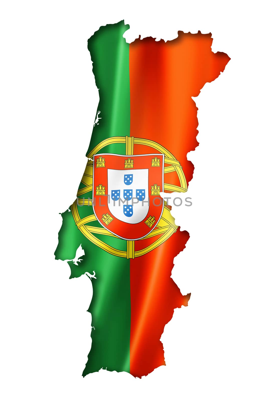 Portugal flag map, three dimensional render, isolated on white