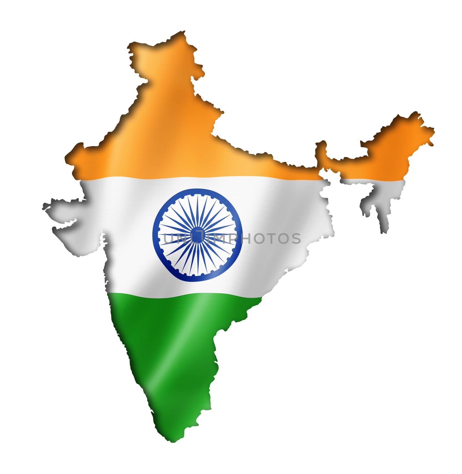 India flag map, three dimensional render, isolated on white