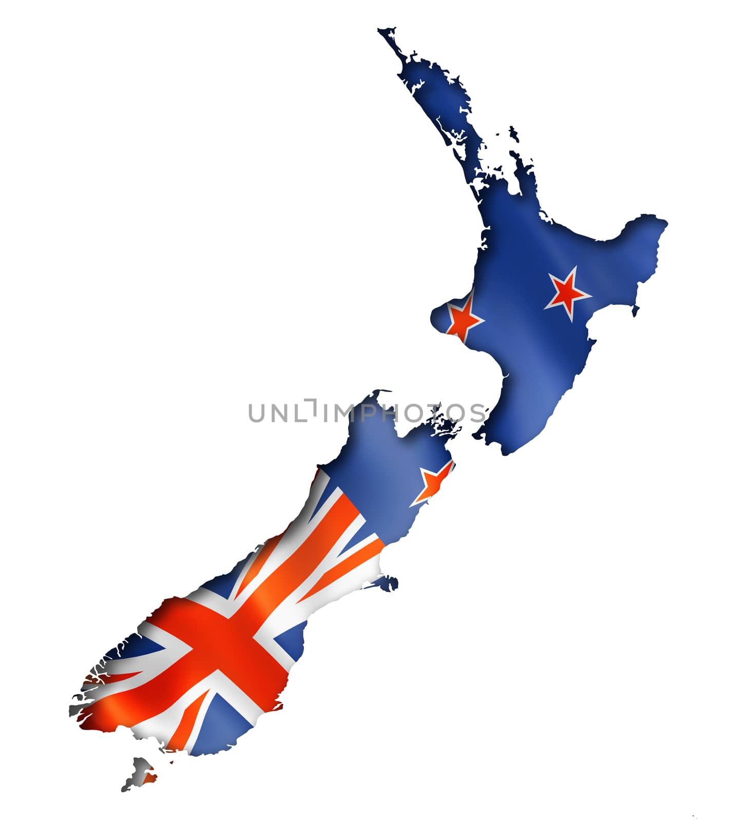 New Zealand flag map, three dimensional render, isolated on white