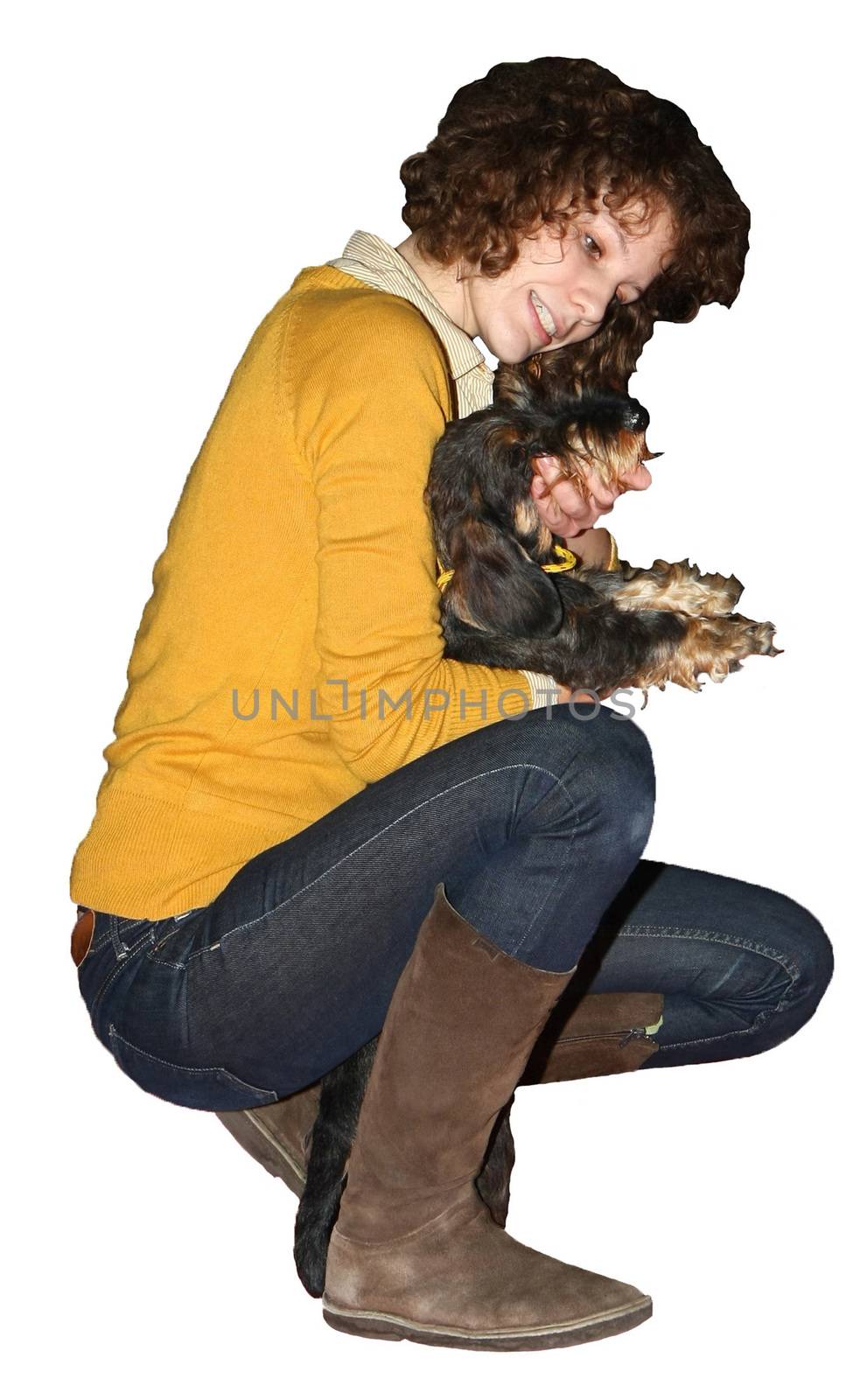 Young girl and her wirehaired dachshund at  International Dog Show,CACIB, Beograd,Serbia,white background