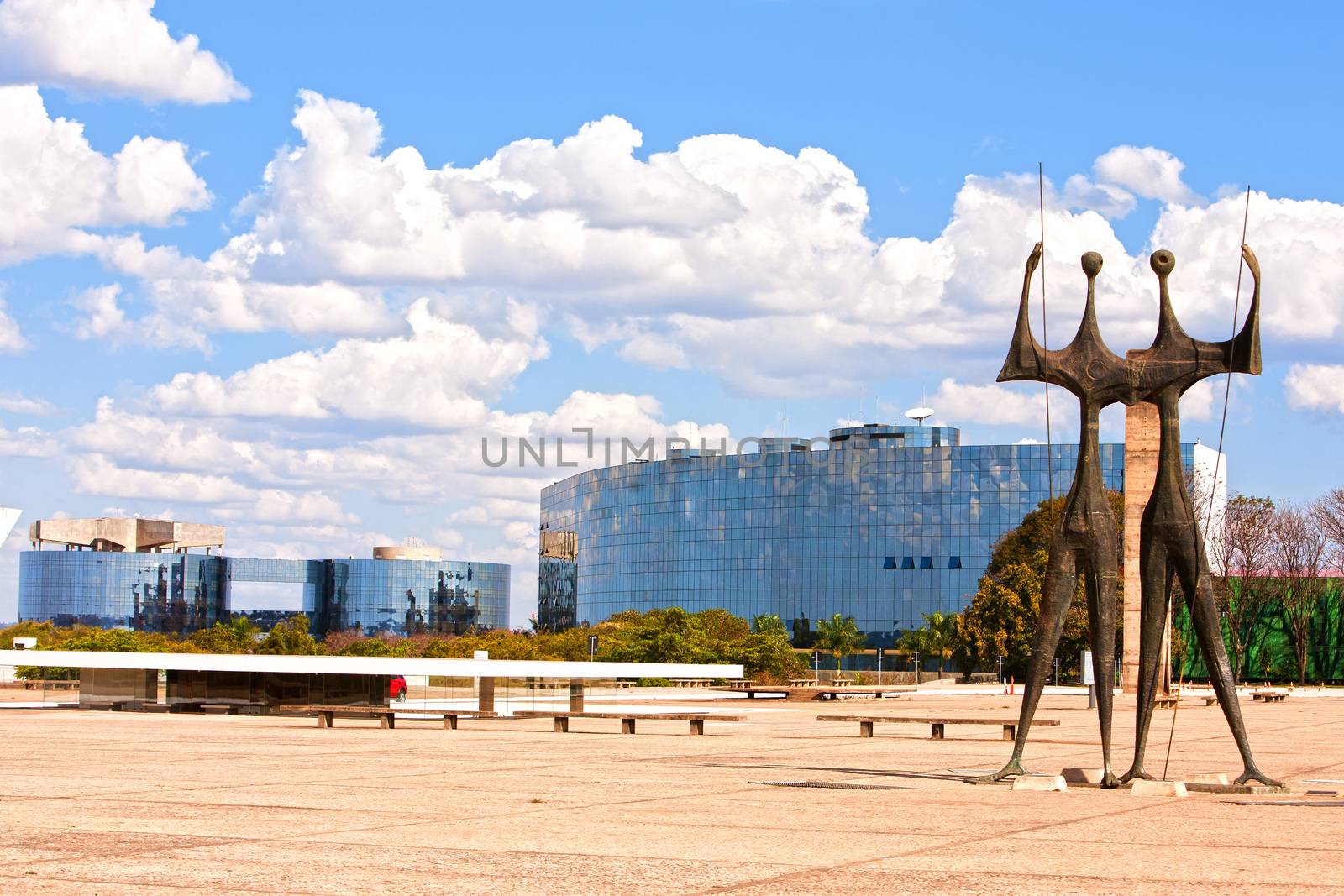 Square of the Three Powers with Os Candangos statue in Brasilia capital city of Brazil