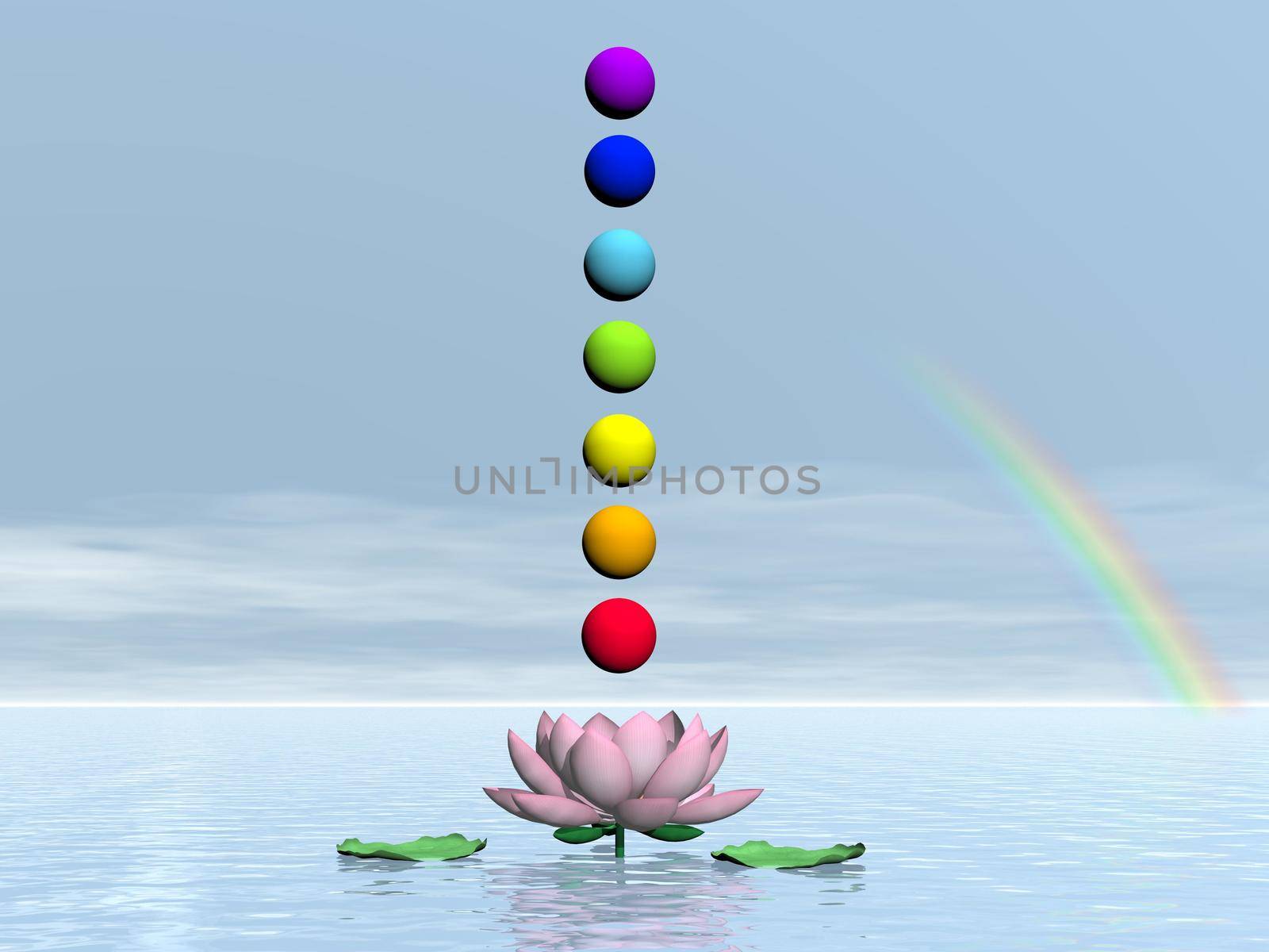 Colorful spheres for chakras upon beautiful lily flower and water by day with rainbow