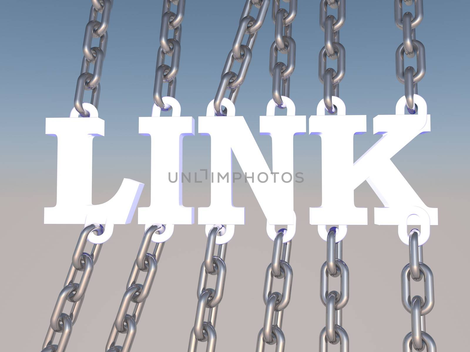 Word "Link" held by many iron chains, 3d render