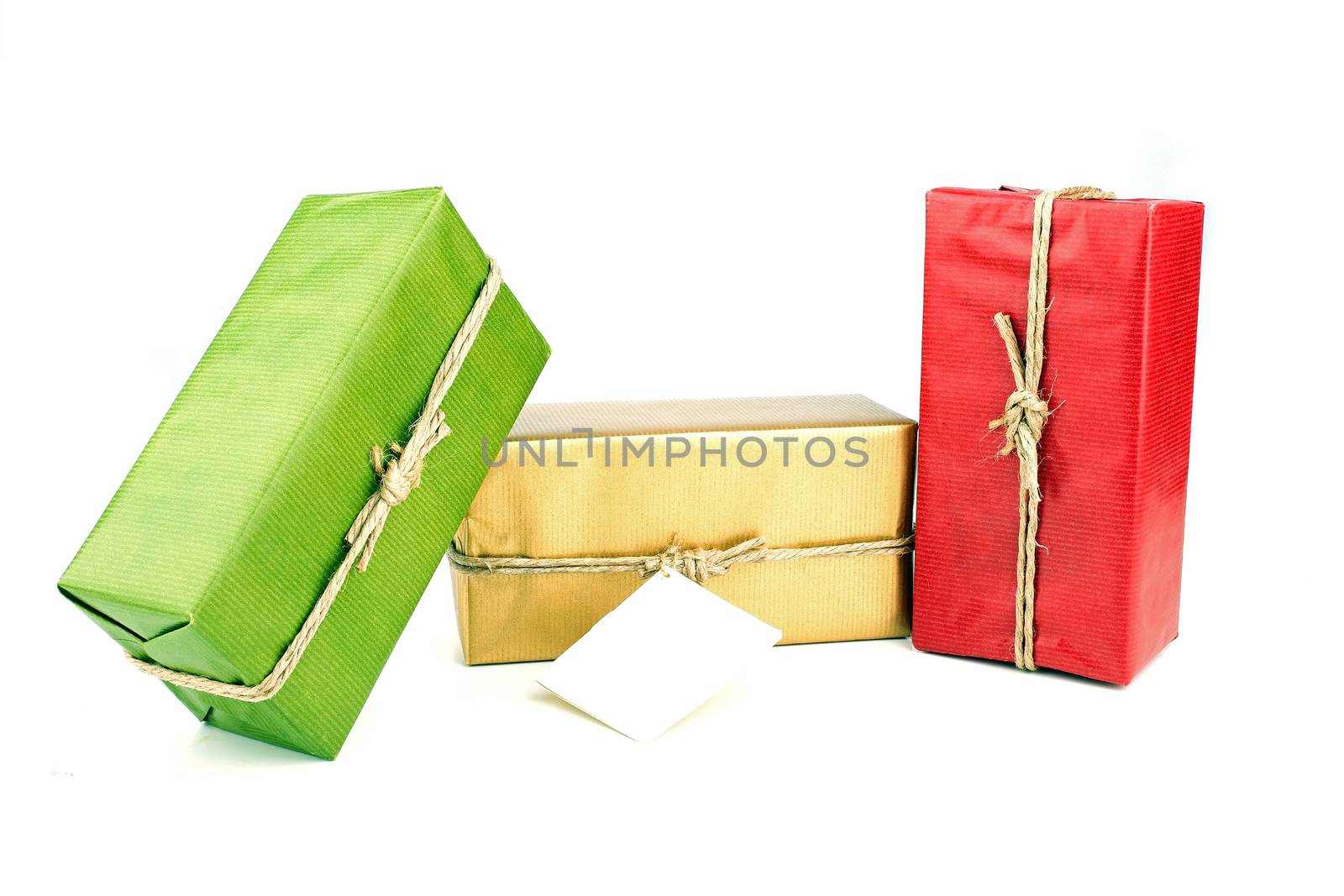 Presents with a blank card on a white background