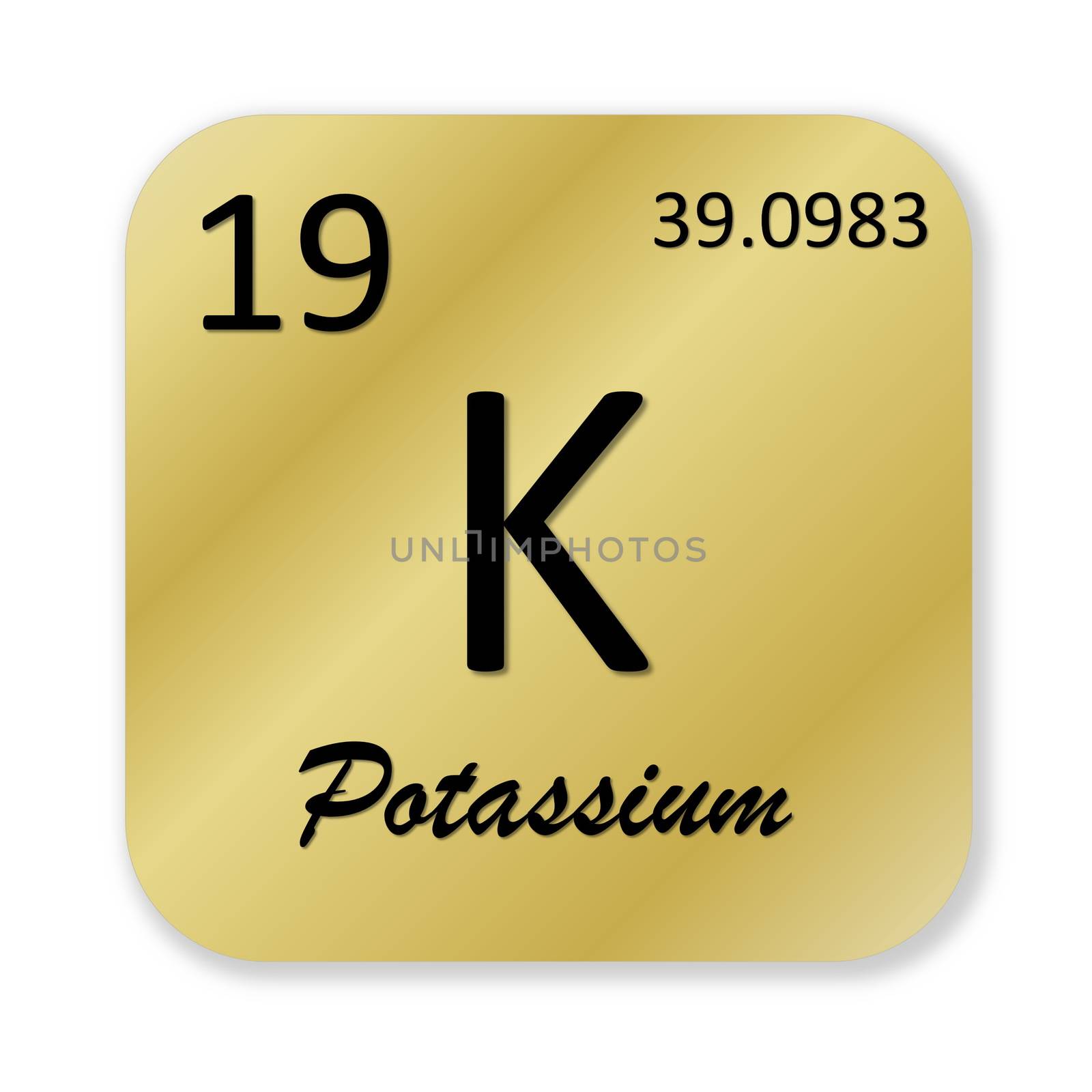 Black potassium element into golden square shape isolated in white background