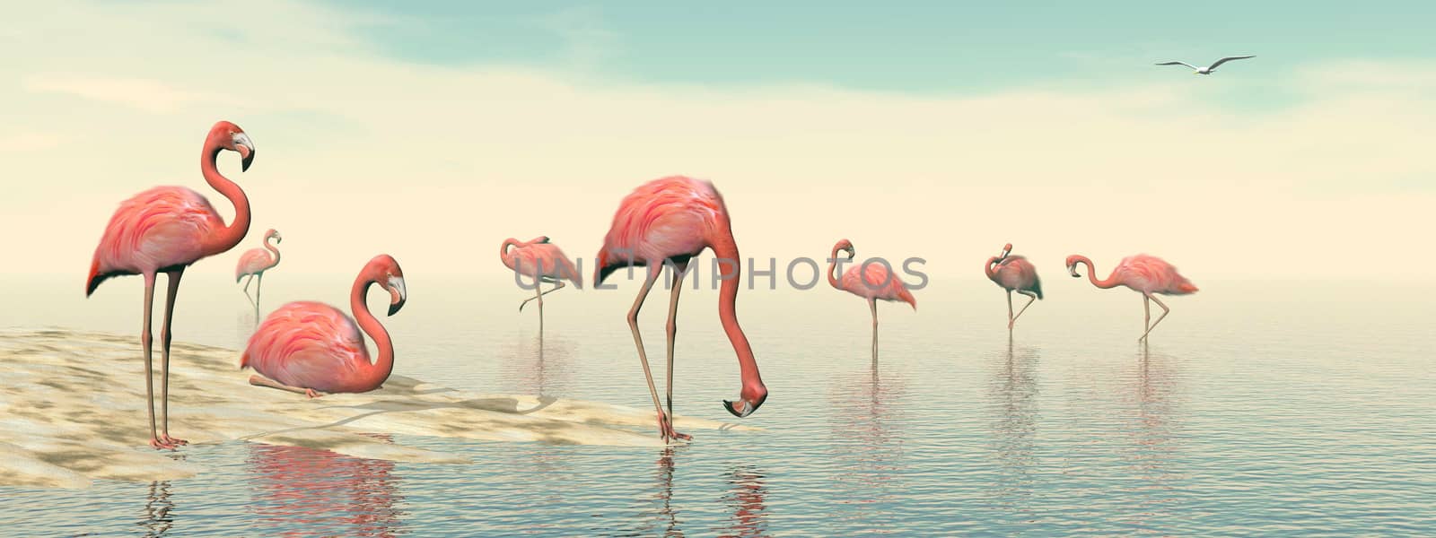 Flock of pink flamingos - 3D render by Elenaphotos21