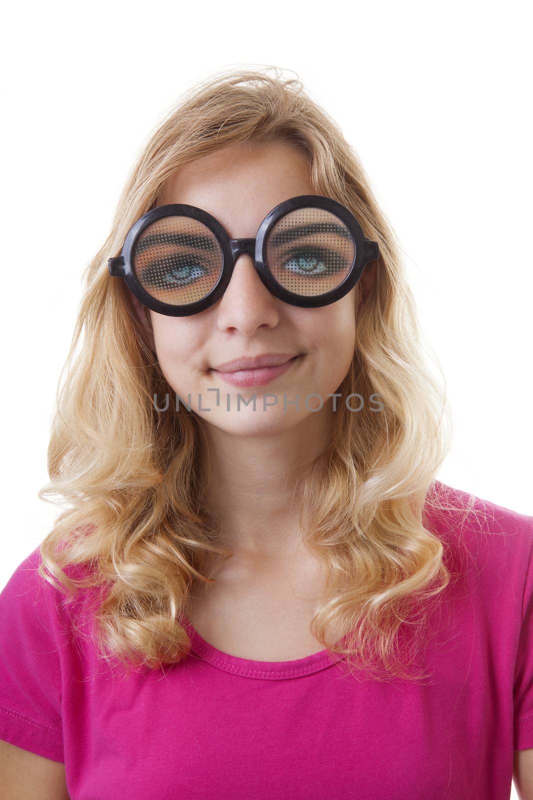 Portrait of girl with funny glases over white background